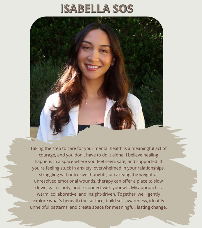 Portrait of a smiling woman in a white blazer outdoors, with a beige brushstroke panel containing a paragraph about mental-health care.