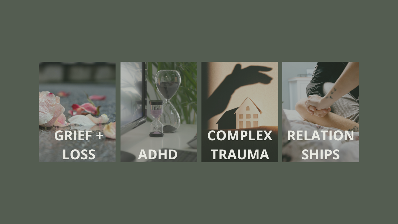Four tiles listing topics: Grief & Loss, ADHD, Complex Trauma, Relationships (likely mental health themes)